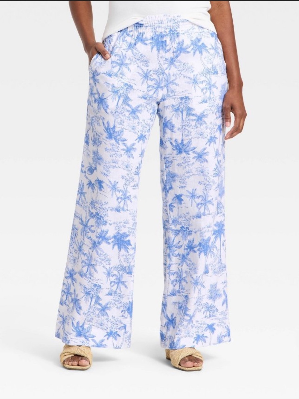 A New Day™ Women's Linen Wide Leg Pull-On Pants - Blue/White Toile L NWOT